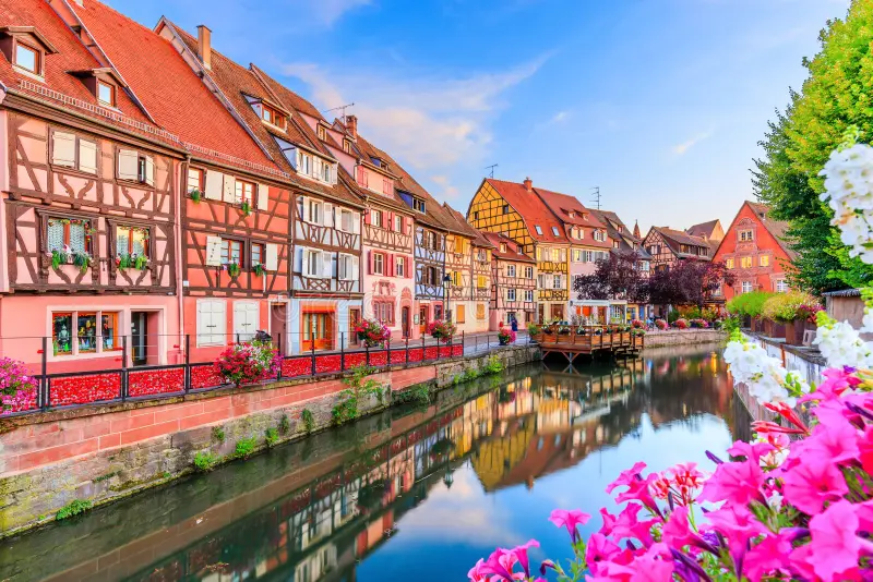 colmar alsace france petite venice water canal traditional half timbered houses 255820041