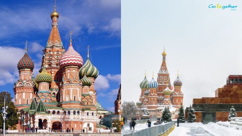 จัตุรัสแดง รัสเซีย เจาะลึกประวัติแลนด์มาร์กระดับโลกแห่งยุโรปตะวันออก 12 วิหารเซนต์บาซิลในฤดูร้อนและฤดูหนาวที่จัตุรัสแดง กรุงมอสโก ประเทศรัสเซีย