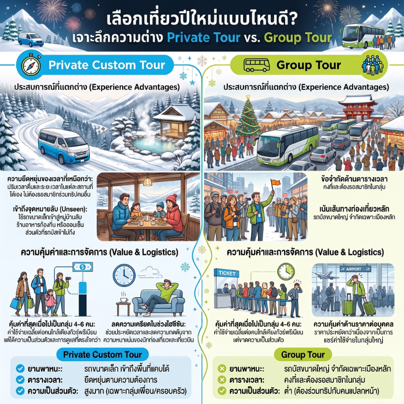 ทัวร์ญี่ปุ่นปีใหม่ 2569 ที่ไหนดี เจาะ 3 พิกัดสุดพรีเมียม 4 เปรียบเทียบการเที่ยวแบบ Private Custom Tour กับ Group Tour ช่วงปีใหม่